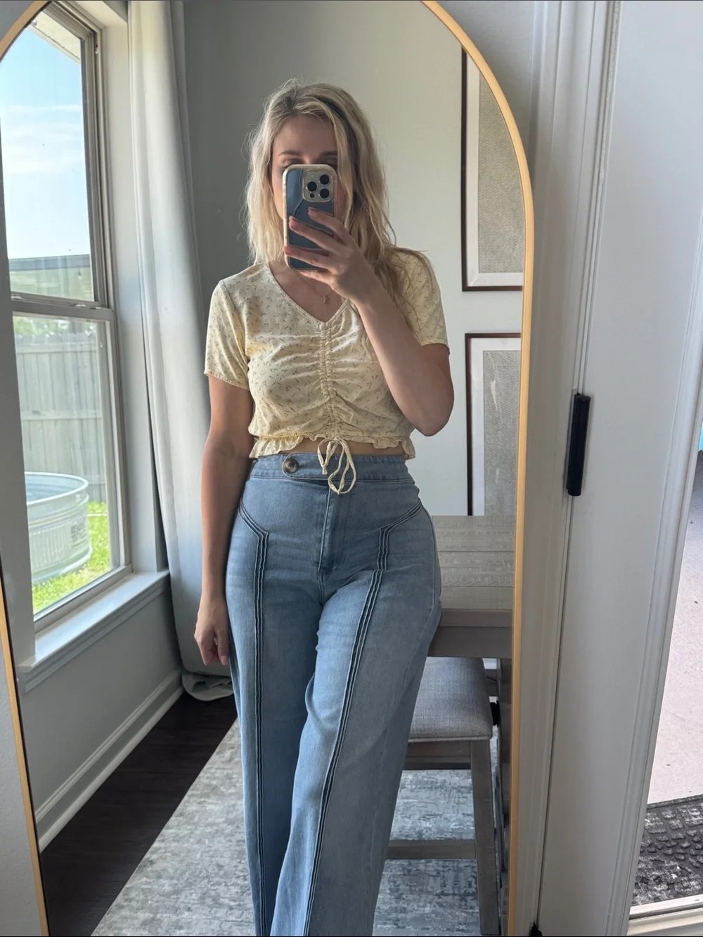 Ruched V-Neck Cropped Top in Light Butter Yellow with Subtle Tiny Purple Florals - Picture 12 of 14
